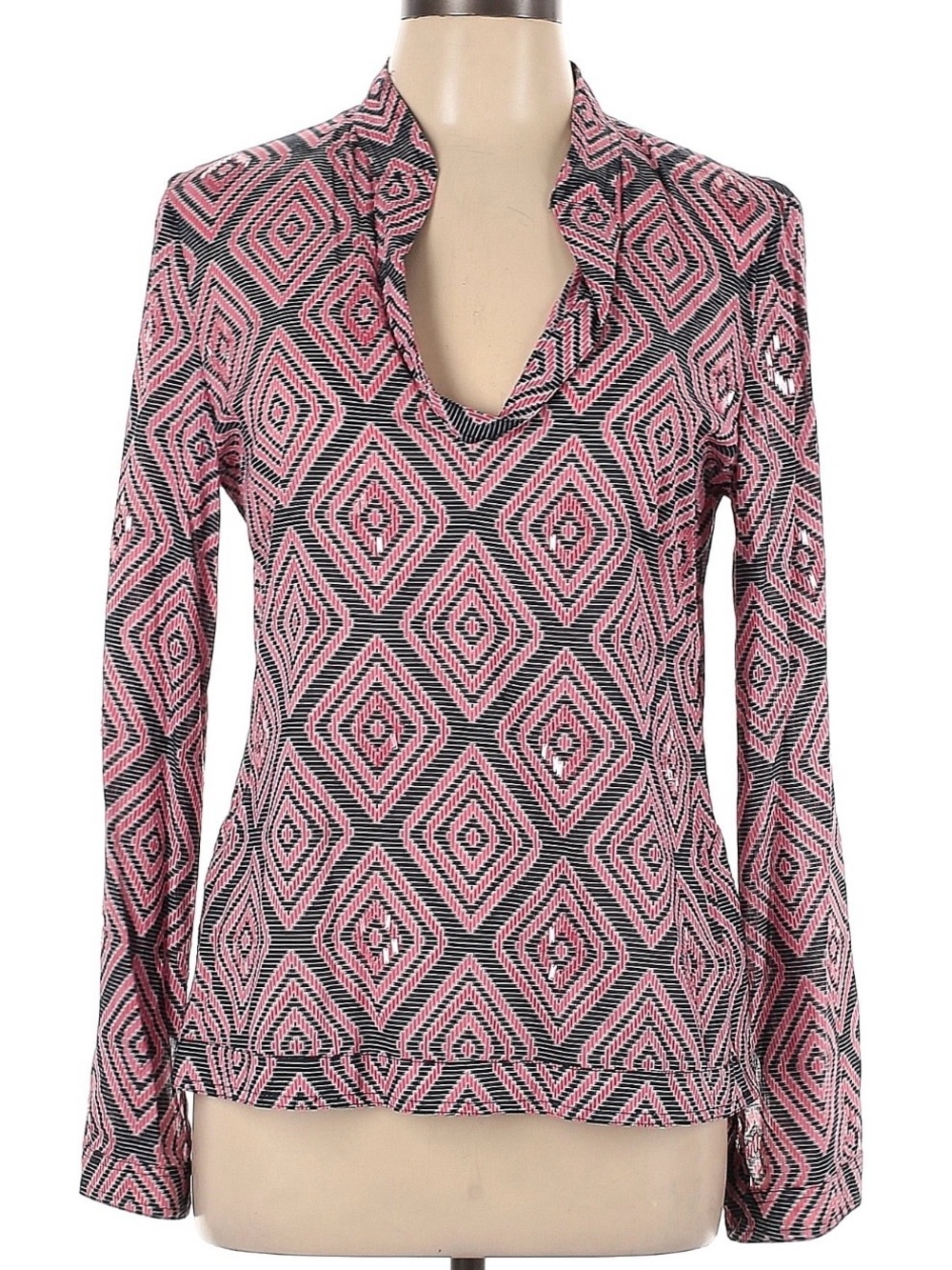 Tory Burch Blouse with Pink and Black Diamond Pattern and Clear Beaded Details
